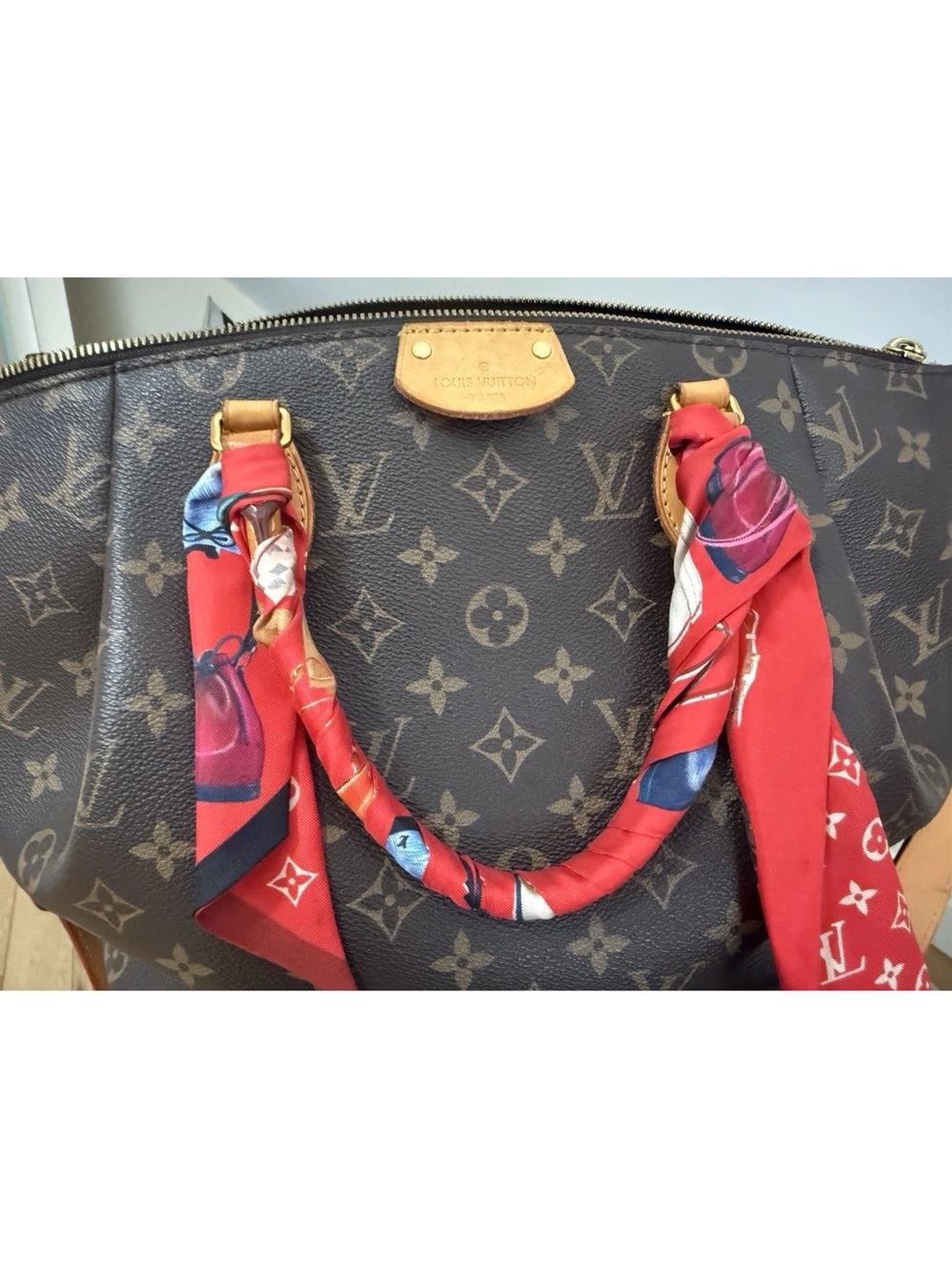 Monogram Canvas Crossbody Bag with Red Scarf Handle Accent